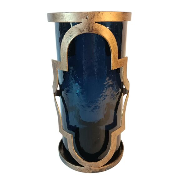 Cobalt Blue Glass and Goldtone Metal Moroccan Style Candleholder Round Cylinder - Picture 4 of 11